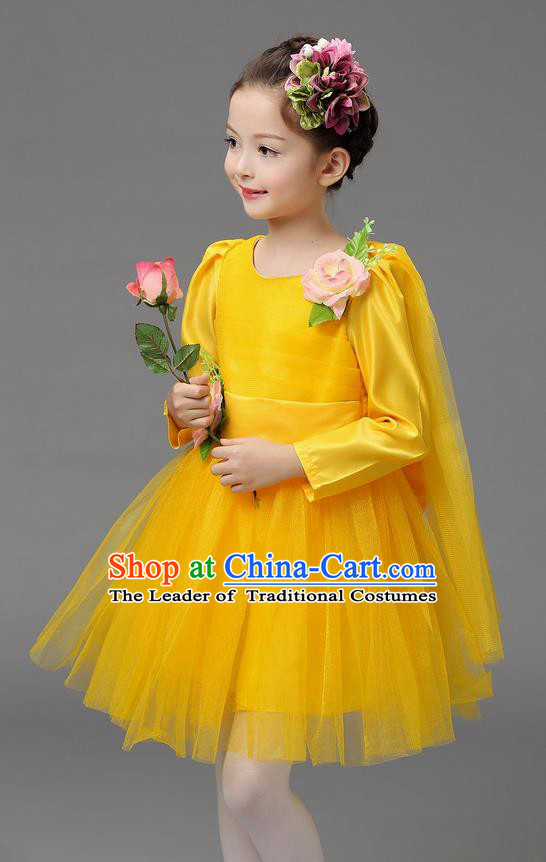 Top Grade Professional Performance Catwalks Costume, Children Chorus Compere Full Dress Modern Dance Little Princess Yellow Veil Bubble Dress for Girls Kids