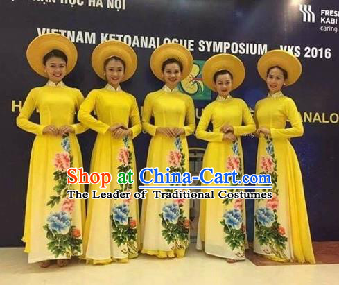 Traditional Top Grade Asian Vietnamese Costumes Classical Painting Cheongsam, Vietnam National Vietnamese Young Lady Bride Wedding Ao Dai Dress