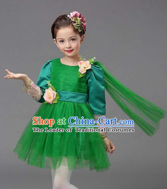 Top Grade Professional Performance Catwalks Costume, Children Chorus Compere Full Dress Modern Dance Little Princess Green Veil Bubble Dress for Girls Kids