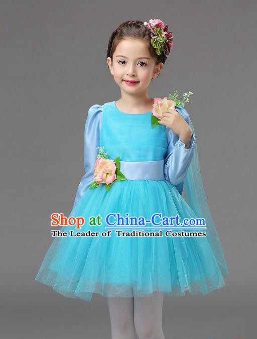 Top Grade Professional Performance Catwalks Costume, Children Chorus Compere Full Dress Modern Dance Little Princess Light Blue Veil Bubble Dress for Girls Kids