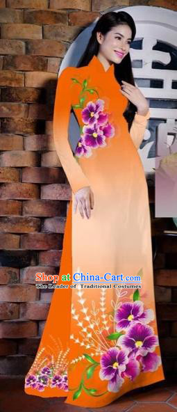 Traditional Top Grade Asian Vietnamese Costumes Classical Painting Flowers Orange Cheongsam, Vietnam National Vietnamese Young Lady Bride Wedding Ao Dai Dress