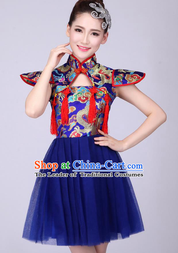 Top Grade Professional Performance Costume, China Drum Dance Chorus Fan Dance Dress Modern Dance Blue Veil Bubble Dress for Women