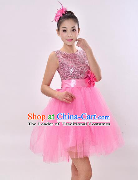 Top Grade Professional Performance Costume, China Chorus Compere Modern Dance Dress Paillette Pink Veil Bubble Dress for Women