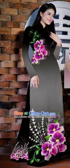 Traditional Top Grade Asian Vietnamese Costumes Classical Painting Flowers Black Cheongsam, Vietnam National Vietnamese Young Lady Bride Wedding Ao Dai Dress