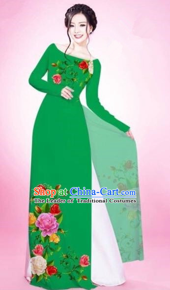 Traditional Top Grade Asian Vietnamese Costumes Classical Painting Flowers Green Cheongsam, Vietnam National Vietnamese Young Lady Bride Wedding Round Collar Ao Dai Dress