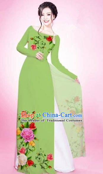 Traditional Top Grade Asian Vietnamese Costumes Classical Painting Flowers Grass Green Cheongsam, Vietnam National Vietnamese Young Lady Bride Wedding Round Collar Ao Dai Dress