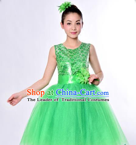 Top Grade Professional Performance Catwalks Costume, China Chorus Compere Modern Dance Dress Paillette Green Veil Bubble Dress for Women