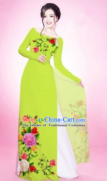 Traditional Top Grade Asian Vietnamese Costumes Classical Painting Flowers Light Green Cheongsam, Vietnam National Vietnamese Young Lady Bride Wedding Round Collar Ao Dai Dress