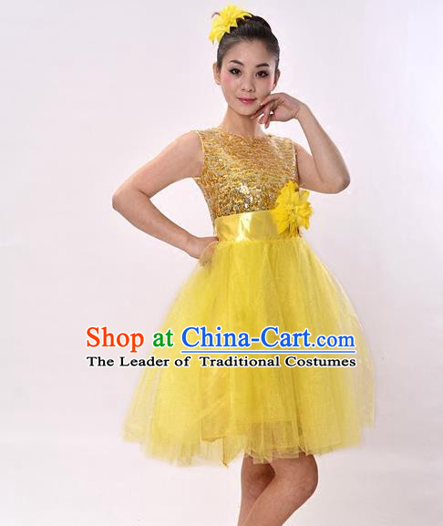 Top Grade Professional Performance Catwalks Costume, China Chorus Compere Modern Dance Dress Paillette Yellow Veil Bubble Dress for Women