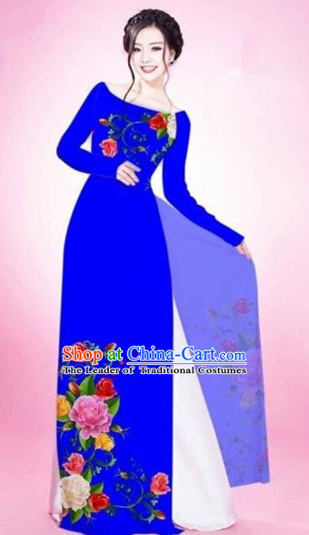 Traditional Top Grade Asian Vietnamese Costumes Classical Painting Flowers Royalblue Cheongsam, Vietnam National Vietnamese Young Lady Bride Wedding Round Collar Ao Dai Dress