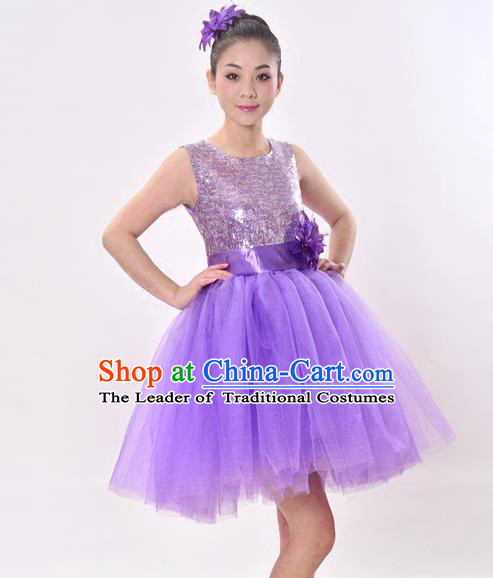 Top Grade Professional Performance Catwalks Costume, China Chorus Compere Modern Dance Dress Paillette Purple Veil Bubble Dress for Women