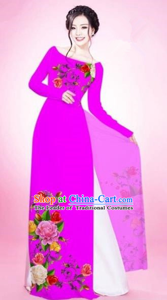 Traditional Top Grade Asian Vietnamese Costumes Classical Painting Flowers Rosy Cheongsam, Vietnam National Vietnamese Young Lady Bride Wedding Round Collar Ao Dai Dress