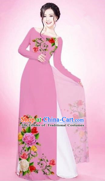 Traditional Top Grade Asian Vietnamese Costumes Classical Painting Flowers Light Pink Cheongsam, Vietnam National Vietnamese Young Lady Bride Wedding Round Collar Ao Dai Dress