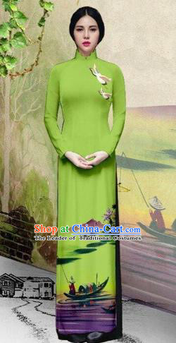 Traditional Top Grade Asian Vietnamese Costumes Classical Painting Wedding Cheongsam, Vietnam National Vietnamese Young Lady Bride Stand Collar Green Ao Dai Dress