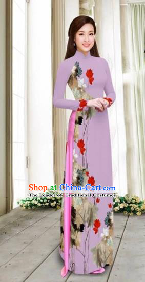 Traditional Top Grade Asian Vietnamese Costumes Classical Printing Cheongsam, Vietnam National Vietnamese Young Lady Violet Chiffon Ao Dai Dress