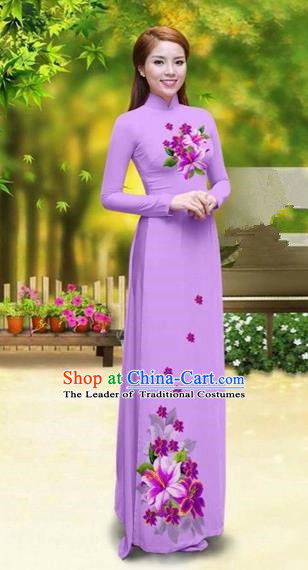 Traditional Top Grade Asian Vietnamese Costumes Classical Printing Greenish Lily Flower Cheongsam, Vietnam National Vietnamese Young Lady Light Purple Chiffon Ao Dai Dress