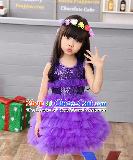 Top Grade Professional Performance Catwalks Costume, Children Chorus Full Dress Modern Dance Little Princess Purple Paillette Bubble Dress for Girls Kids