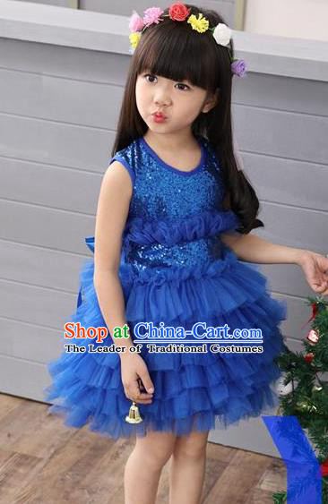 Top Grade Professional Performance Catwalks Costume, Children Chorus Full Dress Modern Dance Little Princess Blue Paillette Bubble Dress for Girls Kids