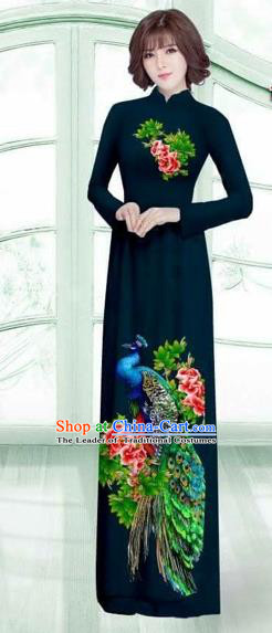 Traditional Top Grade Asian Vietnamese Costumes Classical Printing Peacock Cheongsam, Vietnam National Vietnamese Young Lady Navy Ao Dai Dress