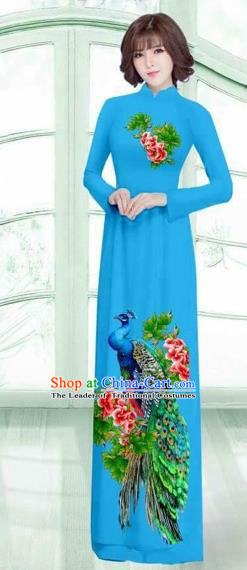 Traditional Top Grade Asian Vietnamese Costumes Classical Printing Peacock Cheongsam, Vietnam National Vietnamese Young Lady Blue Ao Dai Dress