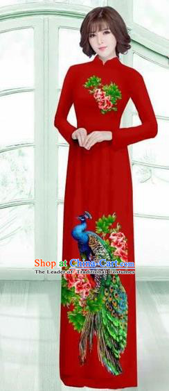 Traditional Top Grade Asian Vietnamese Costumes Classical Printing Peacock Cheongsam, Vietnam National Vietnamese Young Lady Purplish Red Ao Dai Dress