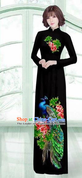 Traditional Top Grade Asian Vietnamese Costumes Classical Printing Peacock Cheongsam, Vietnam National Vietnamese Young Lady Black Ao Dai Dress