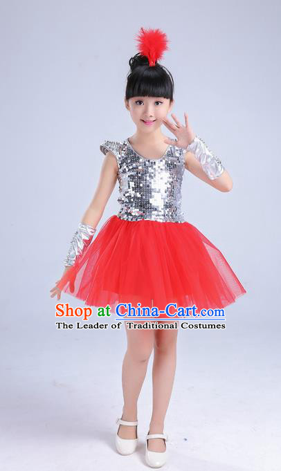 Top Grade Professional Performance Catwalks Costume, Children Chorus Compere Modern Dance Uniform Red Paillette Bubble Dress for Girls