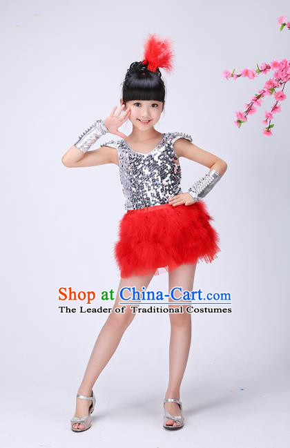 Top Grade Professional Performance Catwalks Costume, Children Chorus Compere Modern Dance Uniform Red Paillette Short Dress for Girls