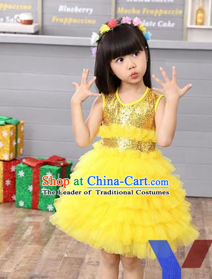 Top Grade Professional Compere Modern Dance Costume, Children Opening Dance Chorus Uniforms Paillette Yellow Bubble Dress for Girls