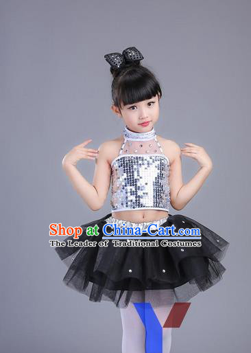 Top Grade Professional Compere Modern Dance Costume, Children Opening Dance Chorus Uniforms Jazz Dance Black Bubble Dress for Girls