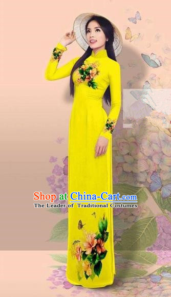 Traditional Top Grade Asian Vietnamese Costumes Classical 3D Printing Cheongsam, Vietnam National Vietnamese Young Lady Miss Etiquette Bright Yellow Ao Dai Dress
