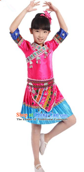 Traditional Chinese Zhuang Nationality Dancing Costume, Zhuang Zu Children Folk Dance Ethnic Pleated Skirt, Chinese Minority Nationality Embroidery Pink Dress for Kids