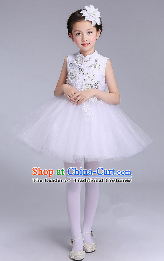 Top Grade Professional Compere Modern Dance Costume, Children Opening Dance Chorus Uniforms White Bubble Dress for Girls