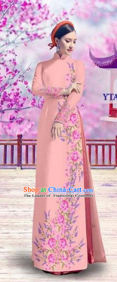 Traditional Top Grade Asian Vietnamese Costumes Classical Bride Printing Cheongsam, Vietnam National Vietnamese Princess Pink Ao Dai Dress