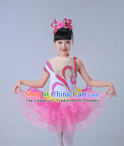 Top Grade Professional Compere Modern Dance Costume, Children Opening Dance Chorus Uniforms Jazz Dance Paillette Pink Bubble Dress for Girls