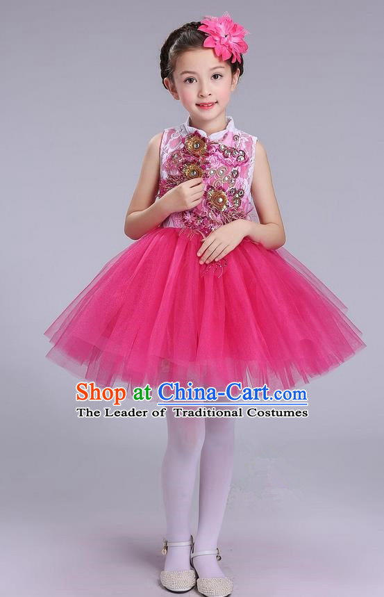 Top Grade Professional Compere Modern Dance Costume, Children Opening Dance Chorus Uniforms Rose Bubble Dress for Girls