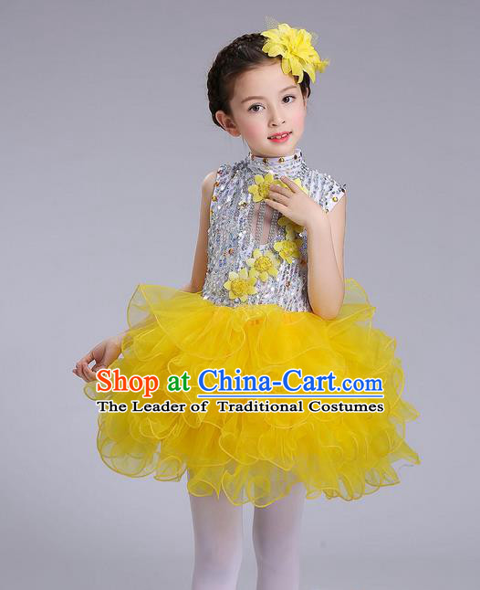 Top Grade Professional Compere Modern Dance Costume, Children Opening Dance Chorus Flowers Uniforms Princess Yellow Bubble Dress for Girls