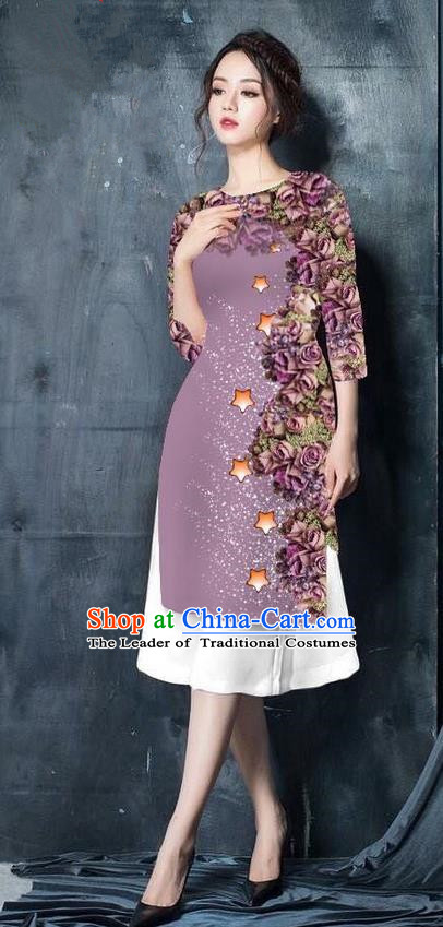 Traditional Top Grade Asian Vietnamese Costumes Classical Printing Lilac Cheongsam, Vietnam National Vietnamese Bride Ao Dai Dress for Women