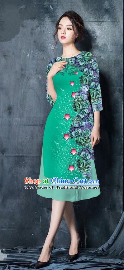 Traditional Top Grade Asian Vietnamese Costumes Classical Printing Light Green Cheongsam, Vietnam National Vietnamese Bride Ao Dai Dress for Women