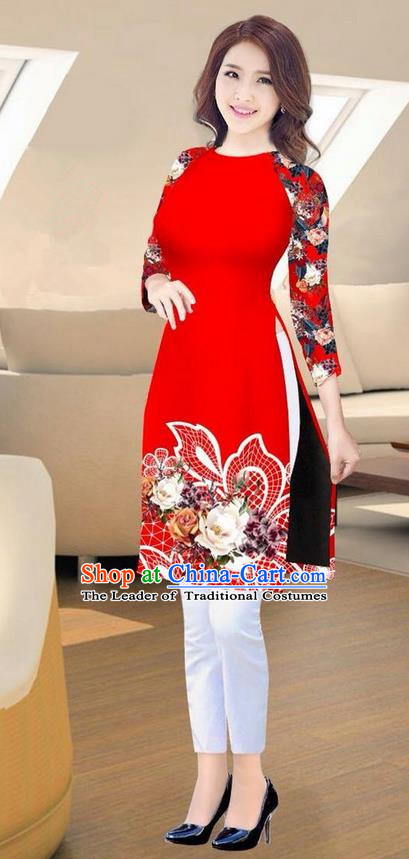 Traditional Top Grade Asian Vietnamese Costumes Classical Printing Red Short Cheongsam, Vietnam National Vietnamese Ao Dai Dress for Women