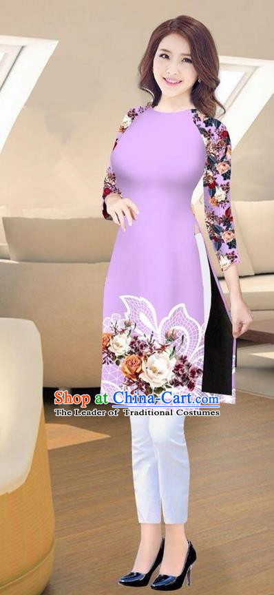 Traditional Top Grade Asian Vietnamese Costumes Classical Printing Lilac Short Cheongsam, Vietnam National Vietnamese Ao Dai Dress for Women