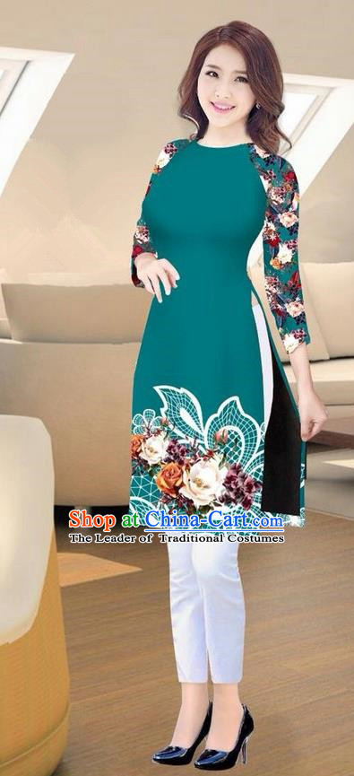 Traditional Top Grade Asian Vietnamese Costumes Classical Printing Peacock Green Short Cheongsam, Vietnam National Vietnamese Ao Dai Dress for Women