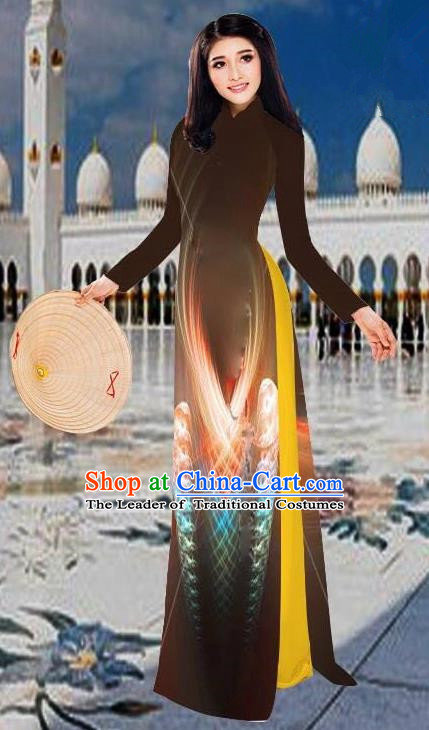 Top Grade Asian Vietnamese Costumes Classical 3D Printing Brown Long Cheongsam, Vietnam National Vietnamese Traditional Princess Ao Dai Dress for Women