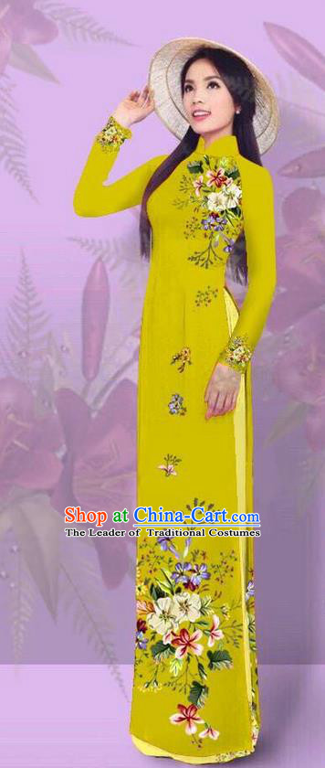 Top Grade Asian Vietnamese Costumes Classical Jing Nationality Printing Ginger Cheongsam, Vietnam National Vietnamese Traditional Princess Ao Dai Dress for Women