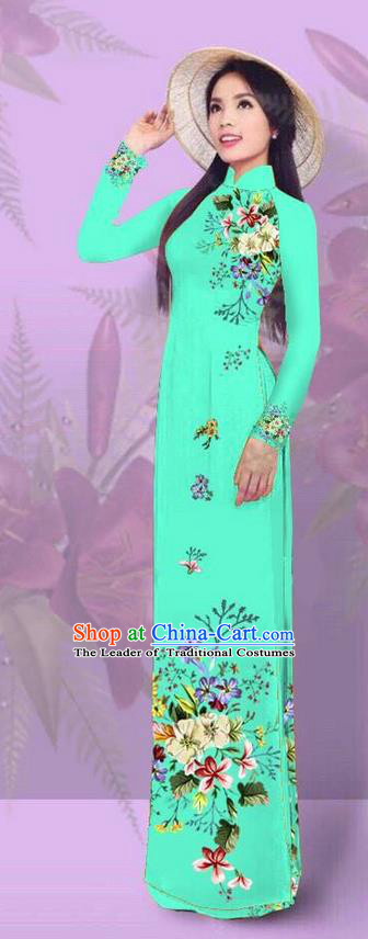 Top Grade Asian Vietnamese Costumes Classical Jing Nationality Printing Light Green Cheongsam, Vietnam National Vietnamese Traditional Princess Ao Dai Dress for Women