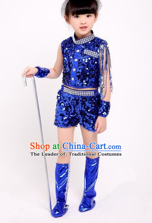 Top Grade Professional Compere Modern Dance Costume, Children Jazz Dance Chorus Uniforms Blue Clothing Complete Set for Girls