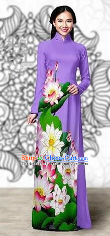 Traditional Top Grade Asian Vietnamese Costumes Classical Printing Lotus Cheongsam, Vietnam National Vietnamese Young Lady Miss Etiquette Lilac Ao Dai Dress