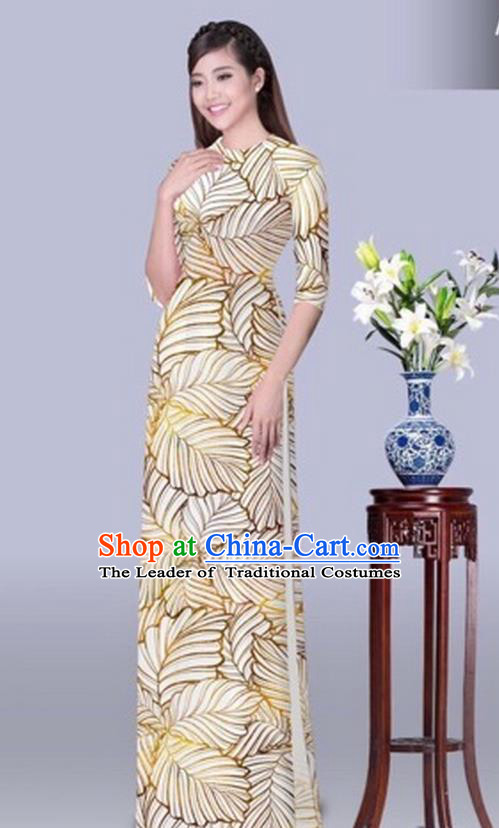 Traditional Top Grade Asian Vietnamese Costumes Classical Printing Leaf Cheongsam, Vietnam National Vietnamese Princess Bride Beige Ao Dai Dress Dance Clothing