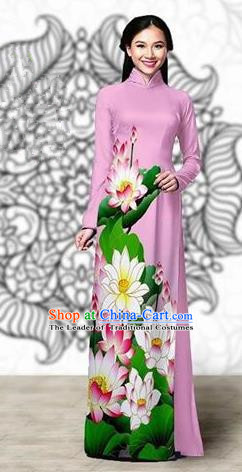 Traditional Top Grade Asian Vietnamese Costumes Classical Printing Lotus Cheongsam, Vietnam National Vietnamese Young Lady Miss Etiquette Pink Ao Dai Dress