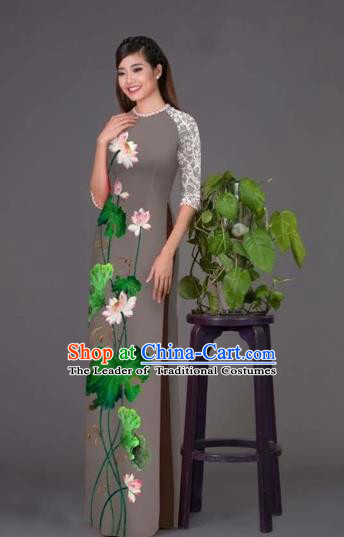 Traditional Top Grade Asian Vietnamese Costumes Classical Printing Lotus Grey Cheongsam, Vietnam National Vietnamese Princess Bride Korean Silk Ao Dai Dress